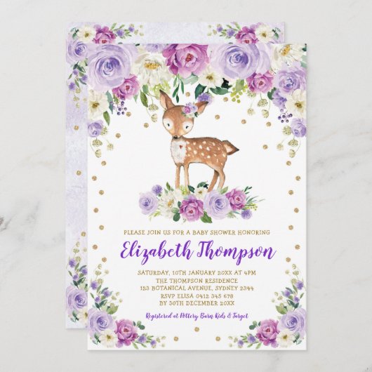 Lavender Gold Floral Woodland Deer Baby Dusche Einladung (Vorne/Hinten)