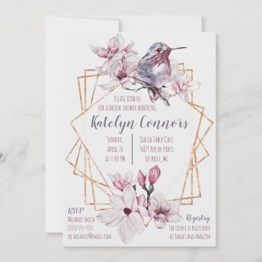 Lavender & Gold Hummingbird Themed Brautparty Einladung (Vorderseite)