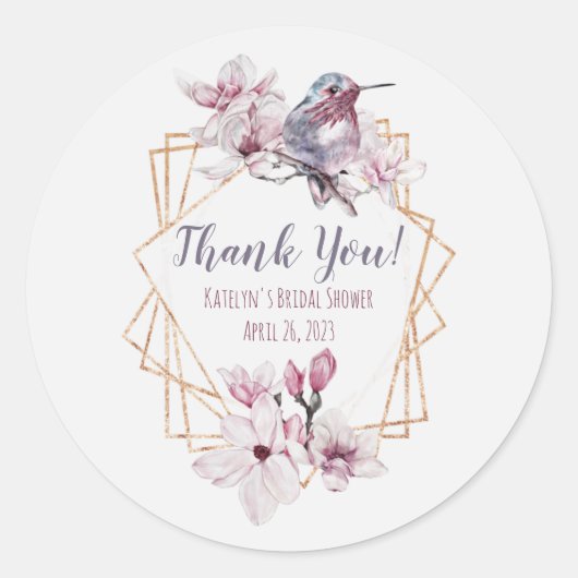 Lavender & Gold Hummingbird Themed Brautparty Runder Aufkleber (Vorderseite)
