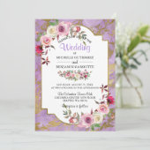Lavender Gold Marble Floral Wedding Einladung (Stehend Vorderseite)
