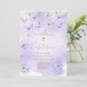 Lavender Gold Purple Butterfly Baptism Invitation Einladung (Stehend Vorderseite)