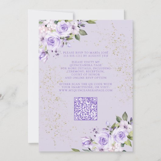 Lavender Gold QR Quinceñera Mis Quince 15 Años Einladung (Rückseite)