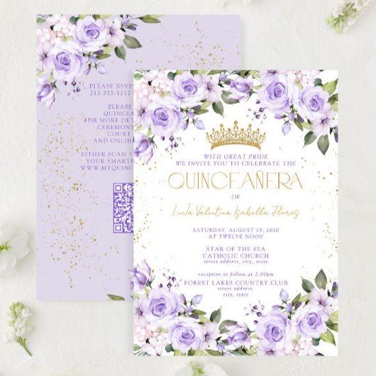 Lavender Gold QR Quinceñera Mis Quince 15 Años Einladung