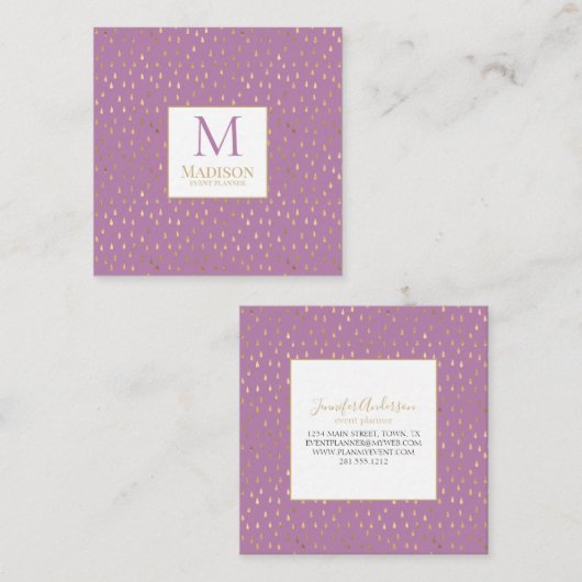 Lavender Gold Raindrop Modern Trendy Monogram Quadratische Visitenkarte (Vorne/Hinten)