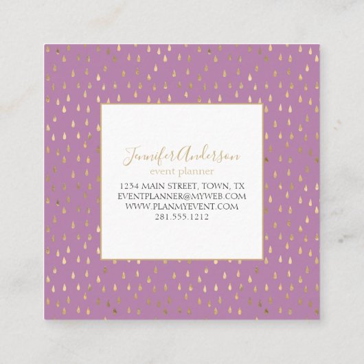 Lavender Gold Raindrop Modern Trendy Monogram Quadratische Visitenkarte (Rückseite)