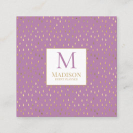 Lavender Gold Raindrop Modern Trendy Monogram Quadratische Visitenkarte