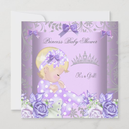 Lavender Gray Baby Dusche Blonde Girl Floral Einladung (Vorderseite)