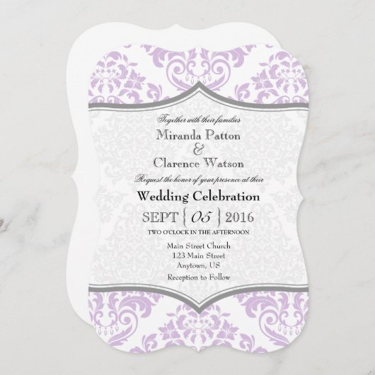 Lavender Gray Damask Bracket Wedite Einladung (Vorne/Hinten)