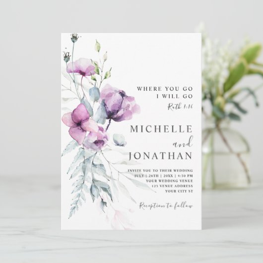 Lavender Gray Floral Bible Verse Christliche Hochz Einladung (Stehend Vorderseite)