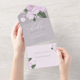 Lavender Gray Floral Girl Baby in Blütendusche All In One Einladung