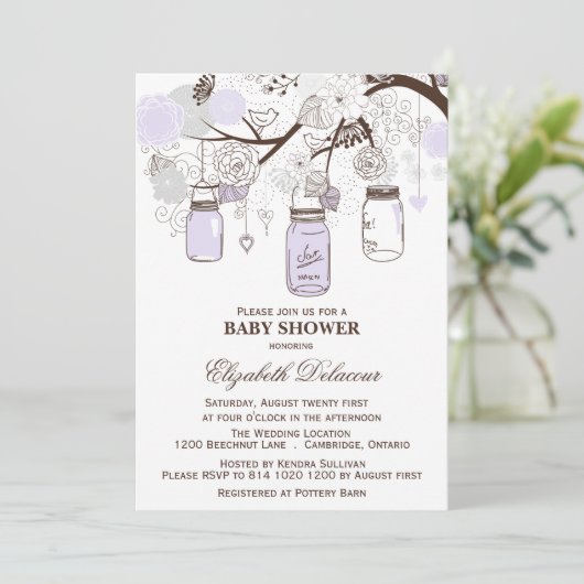 Lavender & Gray Mason Jars Kinderdusche Einladung (Stehend Vorderseite)