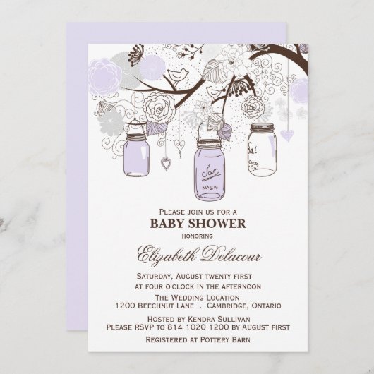 Lavender & Gray Mason Jars Kinderdusche Einladung (Vorne/Hinten)