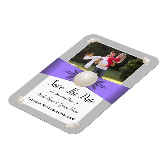 Lavender & Gray Pearl Ribbon Foto Save the Date Magnet (Linke Seite)