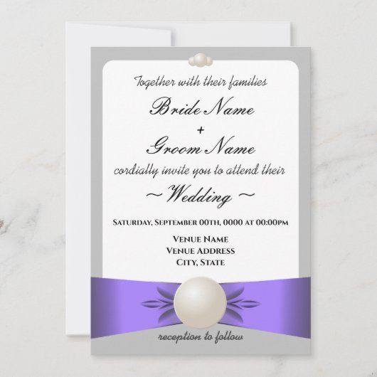 Lavender & Gray Pearl Ribbon Wedding & Empfang Einladung (Vorderseite)