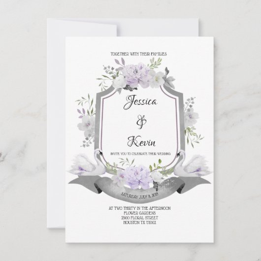 Lavender Gray Wappen Swan Wedding Einladung (Vorderseite)