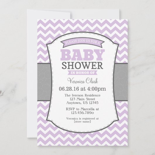 Lavender Gray Zickzack Baby Dusche Einladung (Vorderseite)