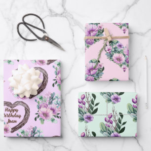 Lavender & Green Floral Hearths Persönlicher Name Geschenkpapier Set