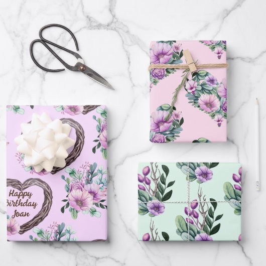 Lavender & Green Floral Hearths Persönlicher Name Geschenkpapier Set (Vorderseite)