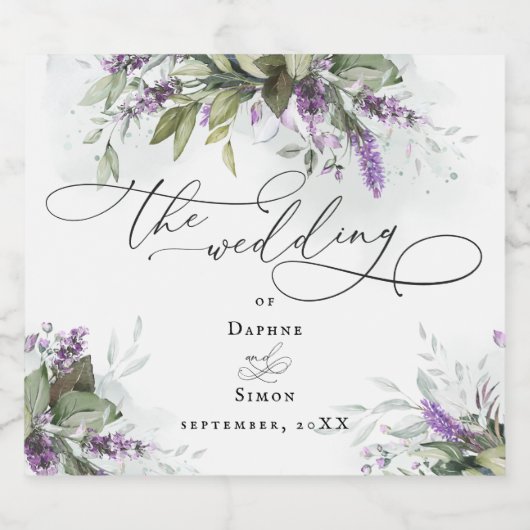 Lavender Greenery Moderne Script Wedding Schaumweinetikett (Einzelnes Label)