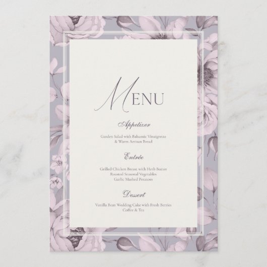 Lavender Grey Floral Wedding Menu Einladung (Vorderseite)
