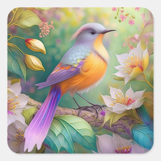 Lavender Headed Orange Breastase Fantasy Bird Quadratischer Aufkleber (Vorderseite)
