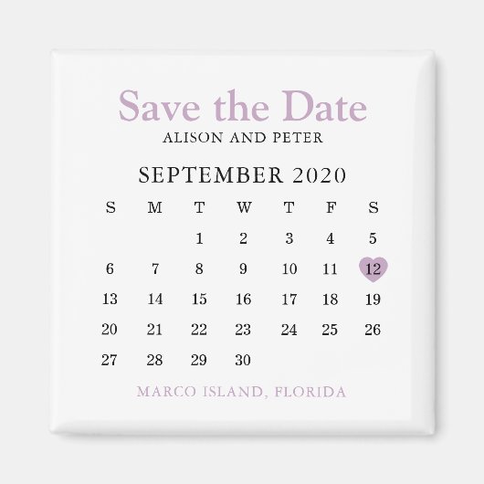 Lavender Heart Kalender Hochzeit Speichern Sie das Magnet (Vorne)