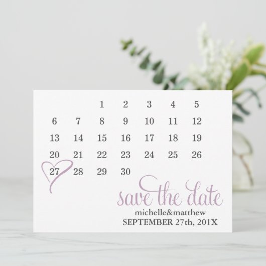 Lavender Heart Kalender Hochzeit Speichern Sie das Save The Date (Stehend Vorderseite)