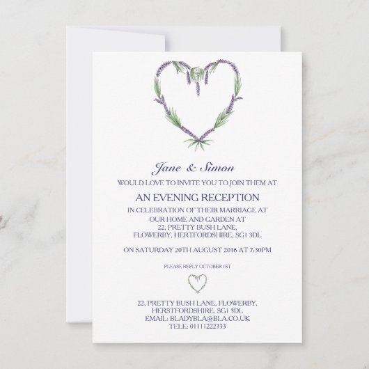 Lavender Heart Wedding Abend Einladung (Vorderseite)