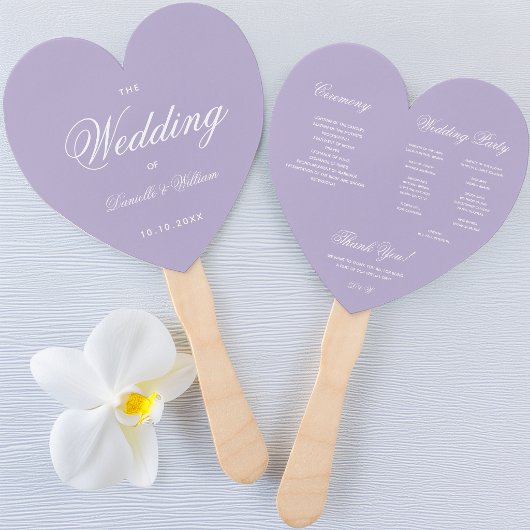 Lavender Heart Wedding Program Lila White Script Fächer