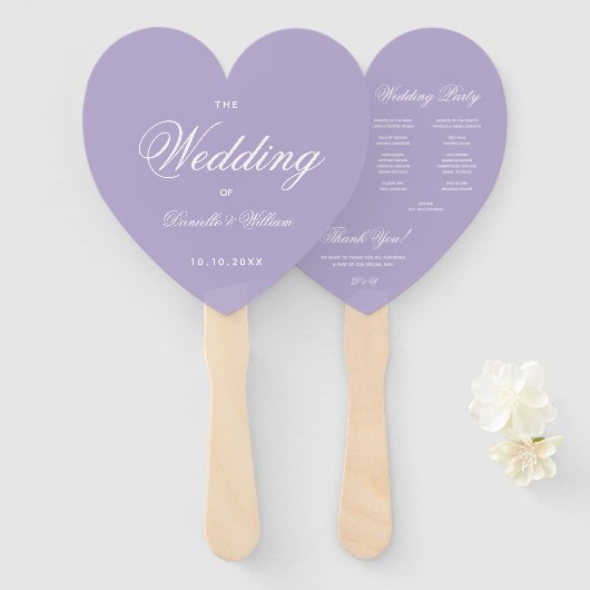 Lavender Heart Wedding Program Lila White Script Fächer (Vorne und Hinten)