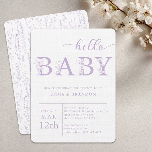 Lavender Hello Baby Wildflower Invitation Einladung