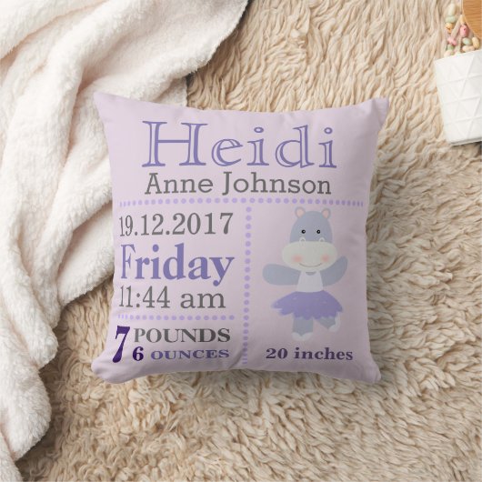 Lavender Hippo Ballerina birth announcement stats Kissen (Decke)