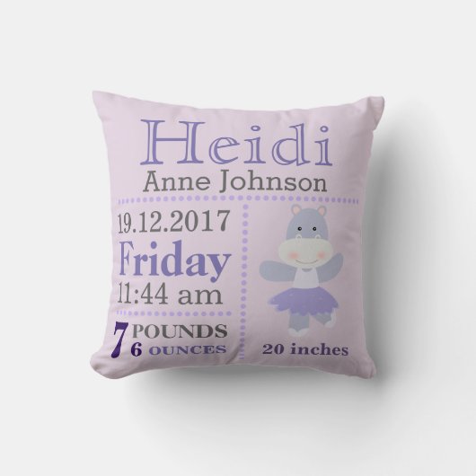 Lavender Hippo Ballerina birth announcement stats Kissen (Vorderseite)