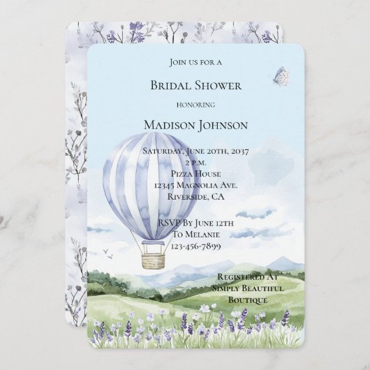 Lavender Hot Air Ballon Floral Brautparty Einladung (Vorne/Hinten)