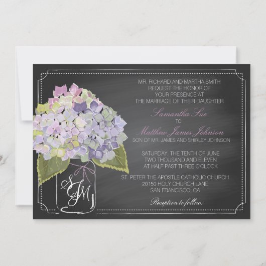 Lavender Hydrangea Chalkboard Rustikale Hochzeit Einladung (Vorderseite)