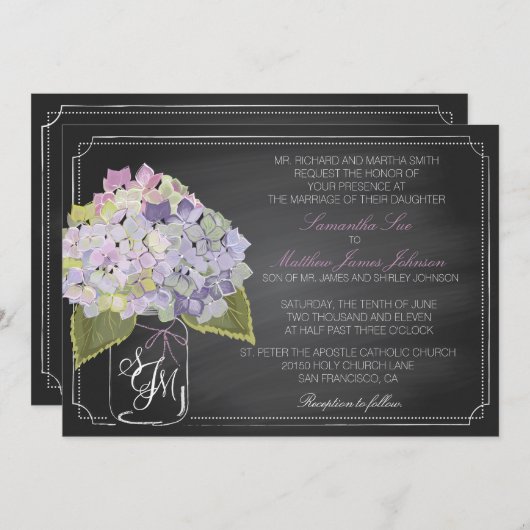 Lavender Hydrangea Chalkboard Rustikale Hochzeit Einladung (Vorne/Hinten)