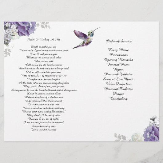 Lavender Hydrangea Hummingbird FuneralFlyer Flyer (Hinten)