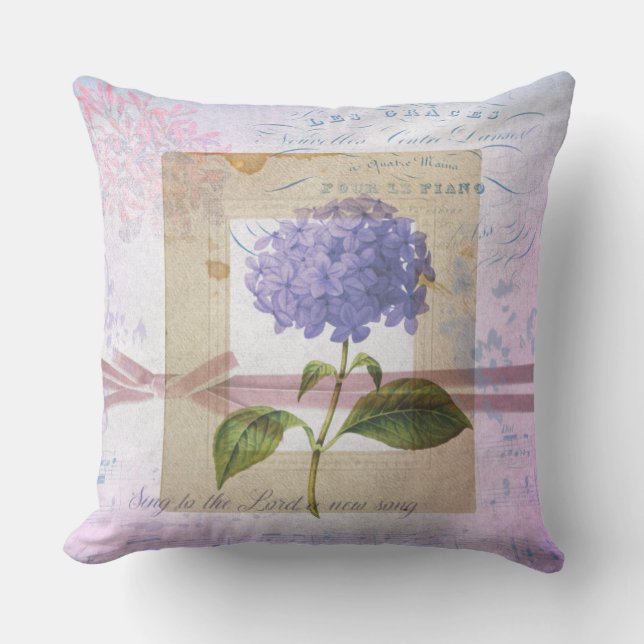 Lavender Hydrangea Vintag Collage Throw Kissen (Vorderseite)