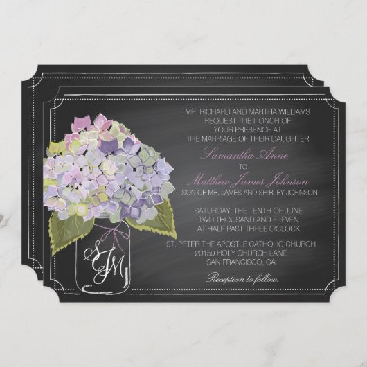 Lavender Hydrangeas Chalkboard Rustikale Hochzeit Einladung (Vorne/Hinten)
