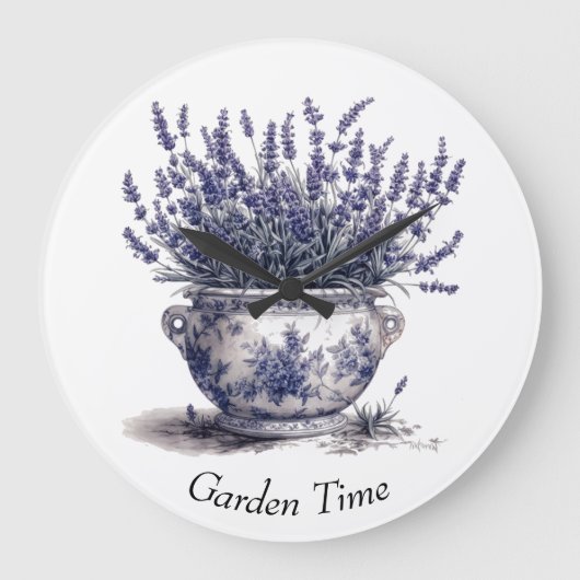 Lavender in Delft Blue Große Wanduhr (Vorderseite)