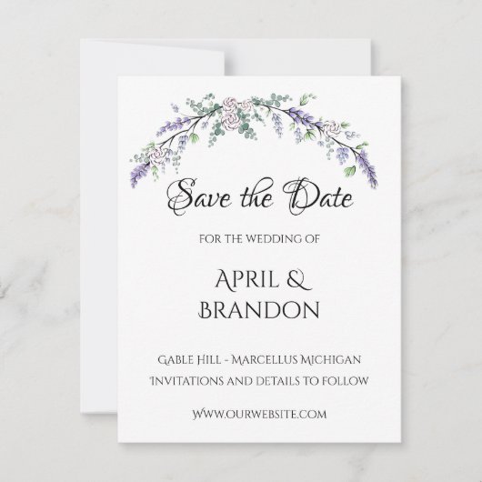 Lavender Ivory Rose und Eukalyptus Save The Date (Vorderseite)