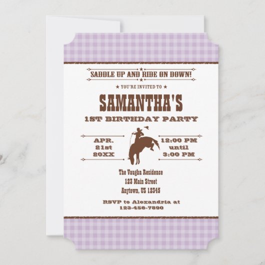 Lavender Kariert Cowboy Rodeo Einladung zum Geburt (Vorderseite)