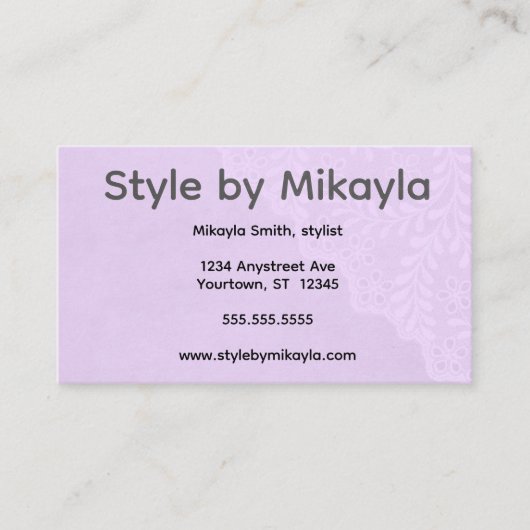 Lavender Lace Beautician Stylist Event Planner Visitenkarte (Vorderseite)
