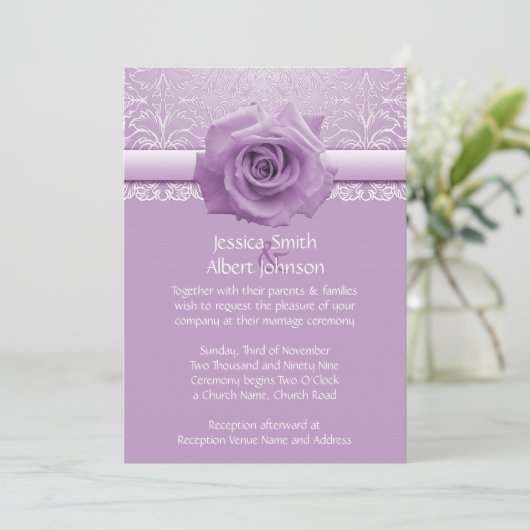Lavender Lace Damask Beauty Rose Wedite Einladung (Stehend Vorderseite)