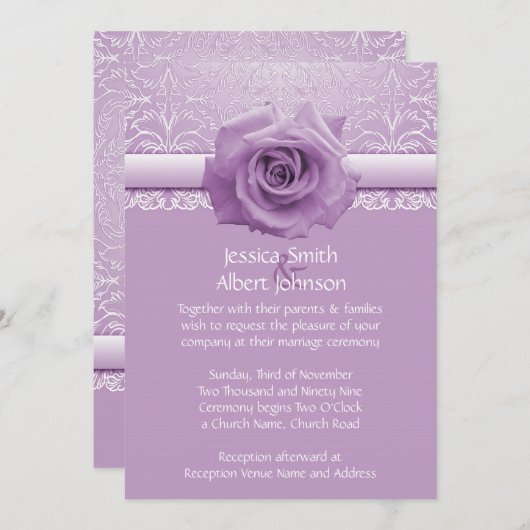 Lavender Lace Damask Beauty Rose Wedite Einladung (Vorne/Hinten)