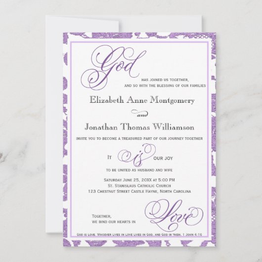 Lavender Lace Religious Wedding Einladung (Vorderseite)