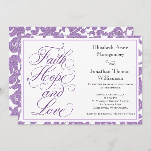 Lavender Lace Script Faith Hope & Liebe Wedding Einladung (Vorne/Hinten)
