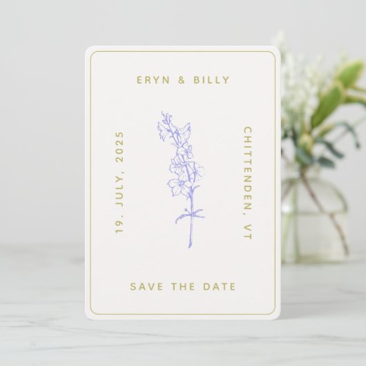 Lavender Larkspur Floral Save the Date (Stehend Vorderseite)