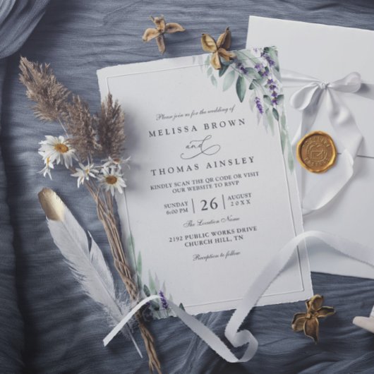 Lavender Leaves Rustic Elegant QR Code Wedding Einladung