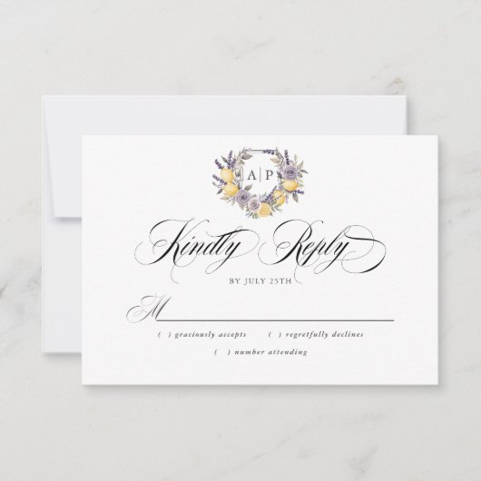 Lavender Lemon Monogram Floral Wappen Wedding RSVP Karte (Vorderseite)